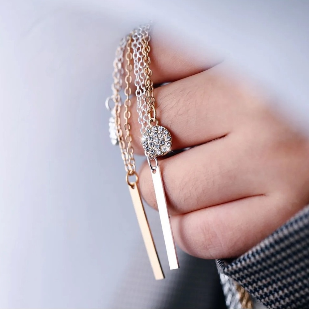 Gold double layer rhinestone long pendant Necklace - Picture 5 of 5
